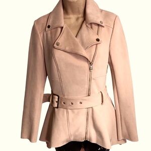 Bebe Moto Vegan Leather Belted Light Pink/Salmon Biker Jacket sz XXS +++ larger